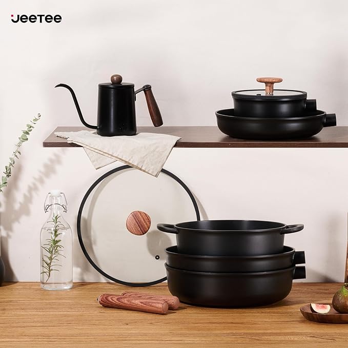 JEETEE Ceramic Cookware Set, 15 PCS Pots and Pans Set Non Stick with Removable Handles, Non Toxic Induction Kitchen Cookware Sets, Dishwasher/Oven Safe PFAS/PTFE/PFOA Free Black