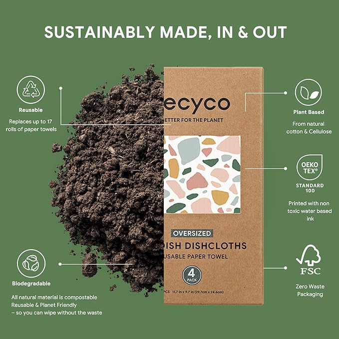 RECYCO Swedish Dishcloths for Kitchen | 4 Pack Oversized Washable Dish Rags | Large Cellulose Reusable Cleaning Paper Towels | Absorbent Counter Dish Cloth Sponge XL Kitchen Wipes, 12" L x 10" W