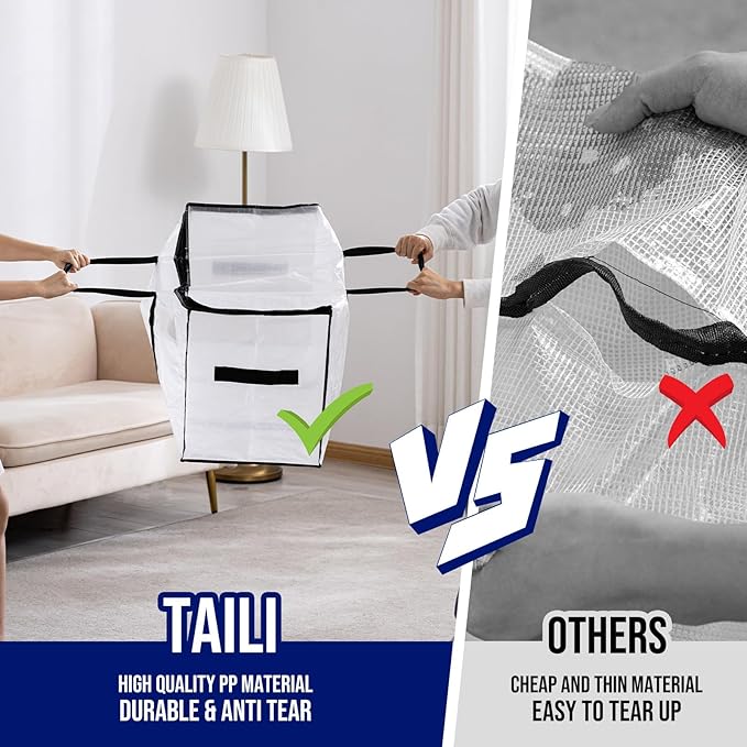 TAILI Extra Large Moving Bags, 12 Pack Clear Heavy Duty Totes for Storage with Visible Window, Wrap Around Handles, Storage Bags for Space Saving, Alternative to Moving Boxes