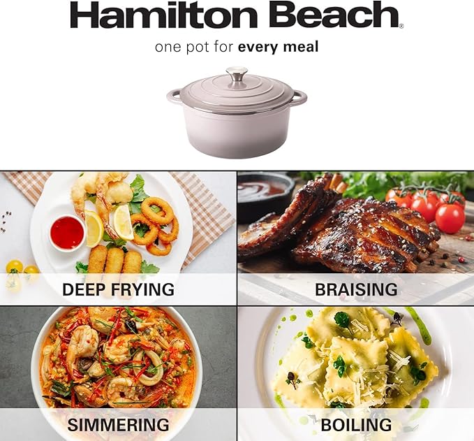 Hamilton Beach 5.5-Quart Enameled Cast Iron Dutch Oven with Lid | Heavy-Duty Pot for Braising, Roasting & Baking | Gray