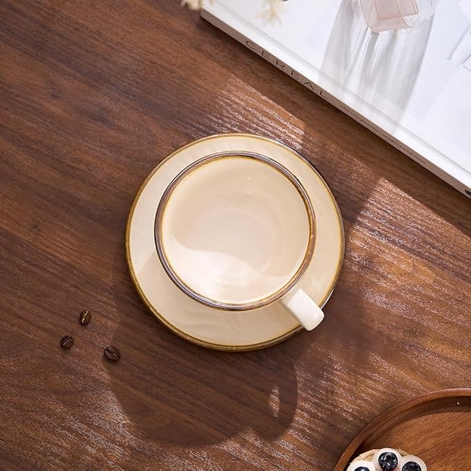 Vintage Design 12 oz Ceramic Latte Art Cappuccino Barista Cup with Saucer (Wave Beige)