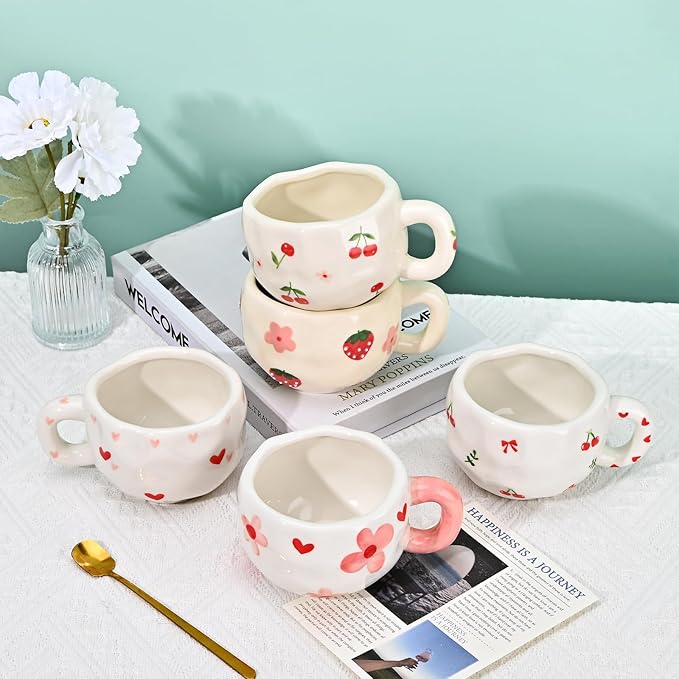 Koythin Ceramic Coffee Mug with Saucer Set, Creative Cute Cherry Cup Unique Irregular Design for Office and Home, 10 oz/300 ml for Latte Tea Milk