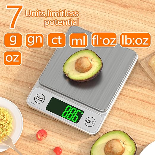 Kitchen Scale Digital Food Scale, Coffee Scale 3000g/0.1 Digital Scale Food Kitchen,7 Units Gram Scale for Baking and Cooking LCD Display Mini Food Scale (Silver(3kg/0.1))
