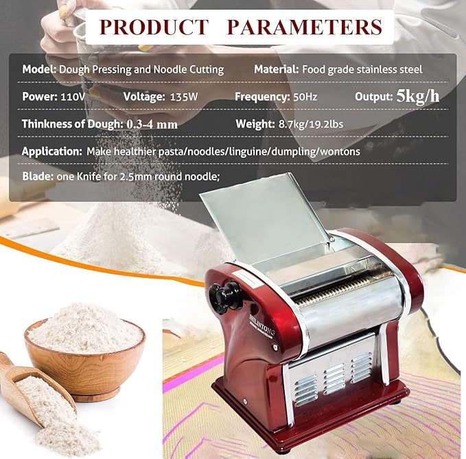 Electric Pasta Noodle Maker Machine, Built-in 2.5 mm Blade, Dough Width 14 cm, 0.3-4 mm Adjustable Thickness, Output 5Kg/H for Home & Commercial Use