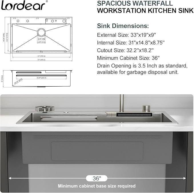 Lordear Waterfall Kitchen Sink 33x19 Inch Drop In Kitchen Sink T304 16 Gauge Stainless Steel Single Bowl Ledge Worktation Kitchen Sinks Handmade Deep Basin, 33"x19"x9"