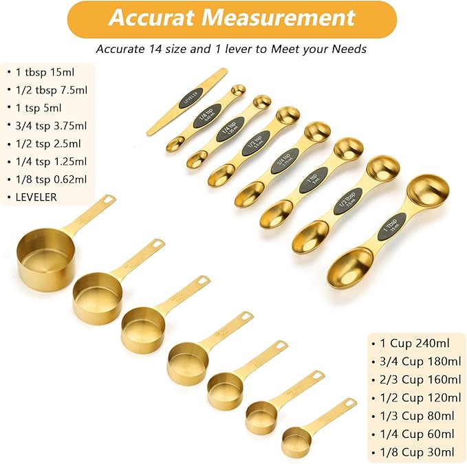 GuDoQi 15pcs Gold Magnetic Measuring Spoons and Cups Set, Stainless Steel 8 Dual Sided Magnetic Measuring Spoons set with Leveler, 7 Cups, Measurement for Liquid and Dry Ingredients for Kitchen