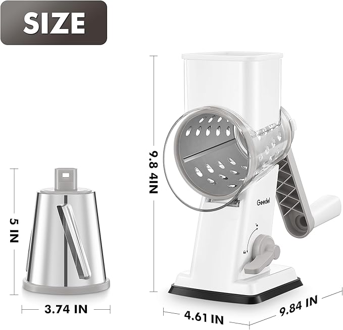 Geedel Rotary Cheese Grater - Upgraded Vegetable Shredder with 4 Interchangeable Blades, Easy to Clean Cheese Shredder with Handle, Kitchen Grater Nuts Grinder for Cutting Cheese, Vegetable, Nuts