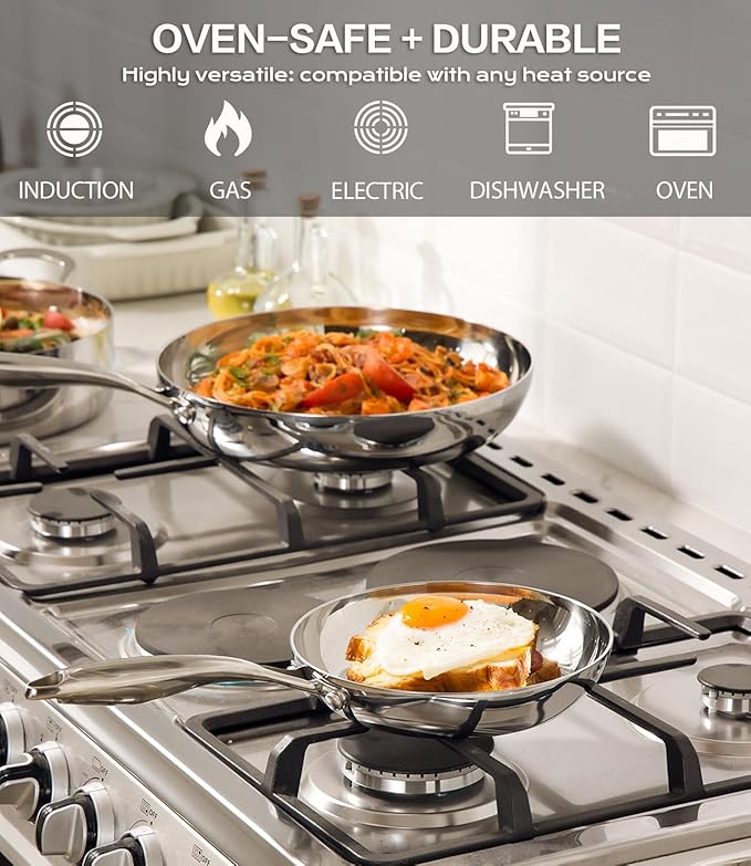 12 Inch Stainless Steel Frying Pan with Lid, Tri-ply Stainless Steel Saute Pan 5.5 QT, PFOA & PTFE Free Induction Compatible Cooking Skillet, Dishwasher & Oven Safe Up to 600℉ Large Capacity Cookware