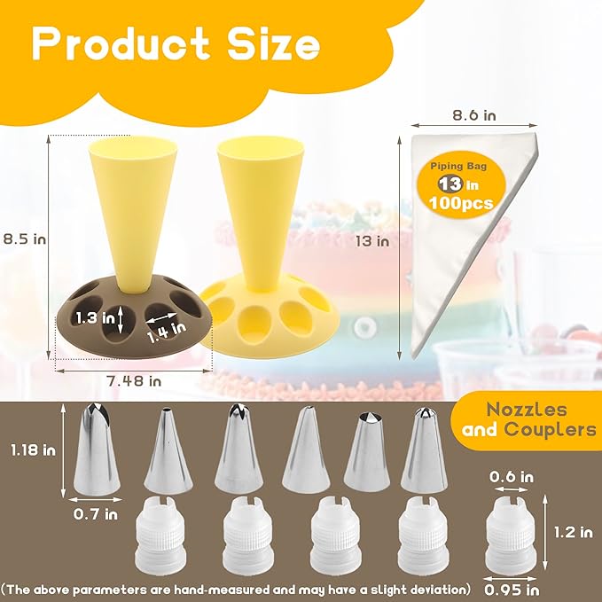 2 Pack Piping Bag Holder – Piping Bag Holder Stand for Filling, Icing Bag Holder, Pastry Bag Holder Stand with 8 Nozzle Slots, Includes 100 Pcs 13 in Piping Bags, 6 Icing Nozzles & 5 Couplers