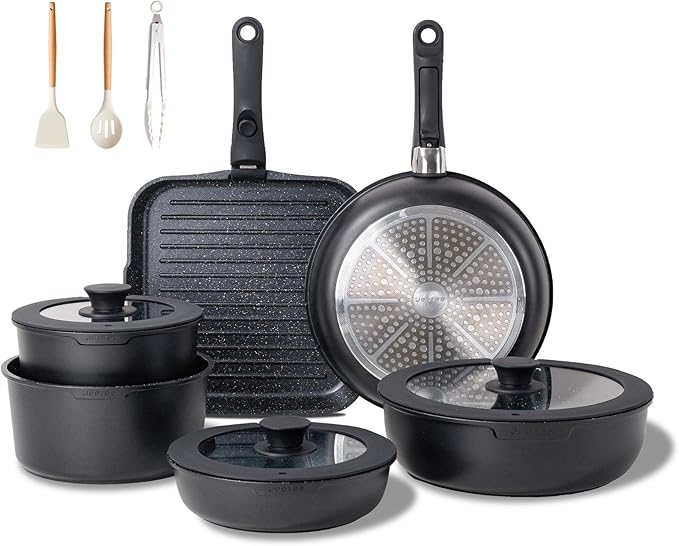 JEETEE Nonstick Pots and Pans Set with Removable/Detackable Handle (Black, 25 Pieces)