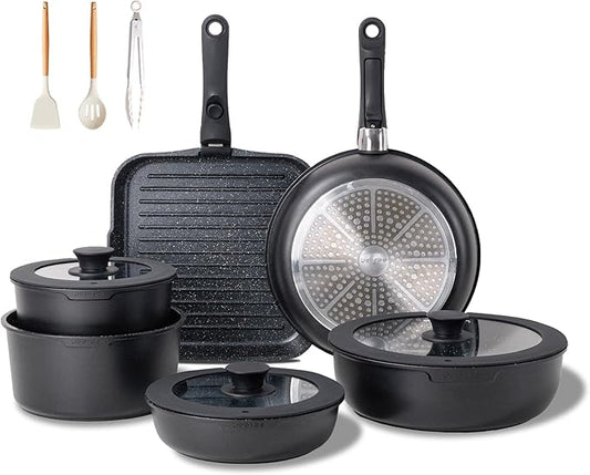 JEETEE Nonstick Pots and Pans Set with Removable/Detackable Handle (Black, 25 Pieces)