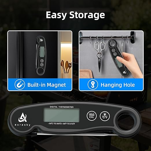 Aurasky Instant-Read Meat Thermometer Digital for Cooking and Grilling, Waterproof Food Thermometer with Backlight, Calibration & Hold Function for Kitchen, BBQ, Deep Fry, Candy, Liquid (Black)