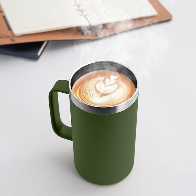 DOMICARE 24oz Mug with Handle and Lid, Stainless Steel Coffee Mug, Reusable Insulated Cup, Travel Mug with Handle, Double Wall Vacuum Coffee Tumbler for Men and Women, Army Green, Pack 1