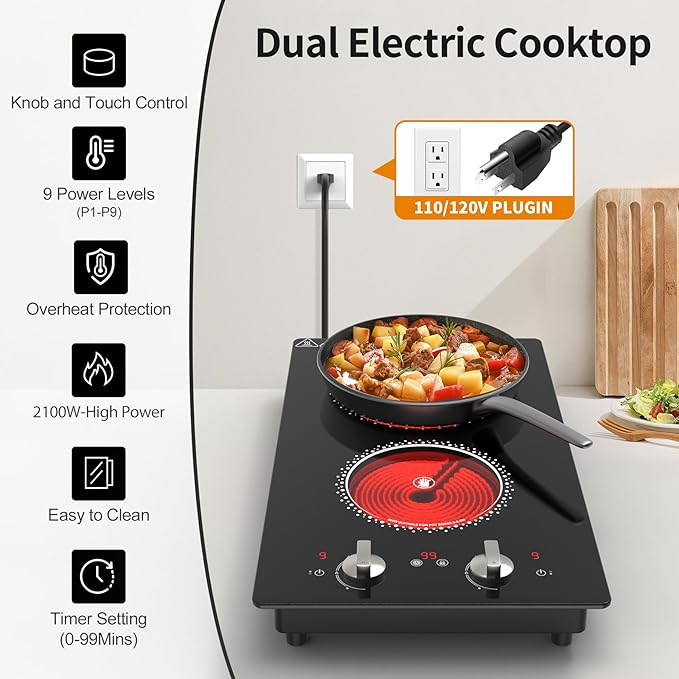 2 Burner Electric Cooktop - 12 Inch Electric Stove Top with Plug, 2100W Countertop Burners & Built-In Stove Top, 9 Levels of Power, Knob Control, Timer & Kid Safety Lock, Residual Heat Warning