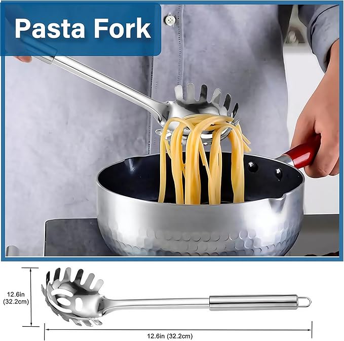 Large Cooking Spoon and Pasta Fork Set, 2 Pack Stainless Steel Serving Spoon, Heat Resistant Kitchen Noodle Spoon for Cooking, Serving, Mixing and Spaghetti