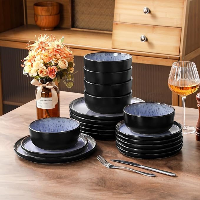 vancasso Plates and Bowls Sets, 18 Pieces Stoneware Dinnerware Sets for 6, Kitchen Dish Set Mircowave and Dishwasher Safe Dinner Set Ceramic Dishware, Light Purple, Series AMBER