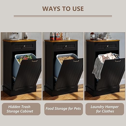 Tilt Out Trash Bin Cabinet Dog Proof Trash Can Holder Kitchen Island Without Garbage Bin or Tilt Out Laundry Hamper (Black)