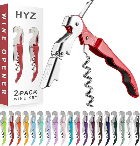 HYZ 2-Pack Wine Opener Waiter Corkscrew, Professional Wine Key for Servers, Bartender with Foil Cutter, Manual Wine Bottle Opener Double Hinged (Red)