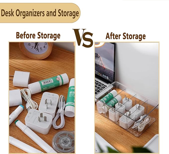 Pantry Organizers and Storage,Kitchen Organizers and Storage for Fridge,Drawer and Refrigerator - Spice Organization for Cabinet,Clear Plastic Stackable Organizer Bins with 3 Dividers (7 Pcs)