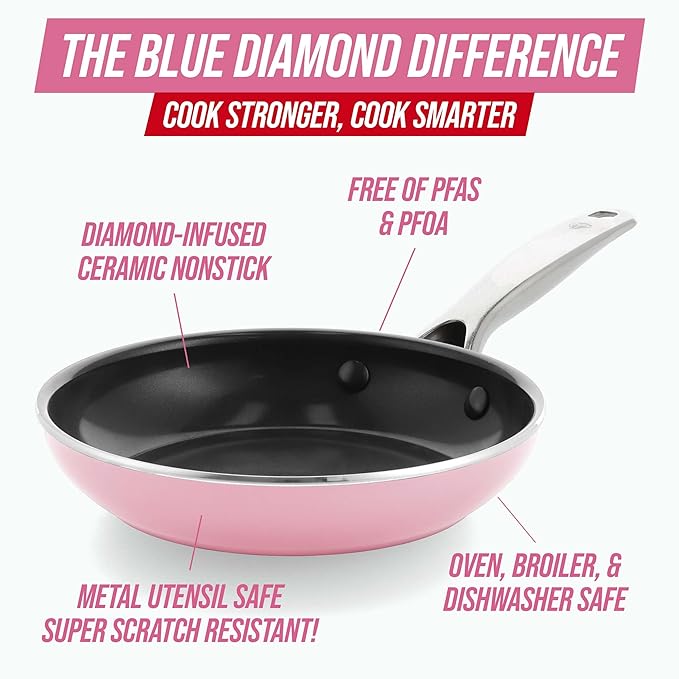 Blue Diamond Frying Pan 8” Skillet, Diamond Infused Healthy Ceramic Nonstick, PFAS and PFOA-Free, Dishwasher and Oven Safe, Even Heating, Metal Utensil Safe, Warp Control Base, Pink