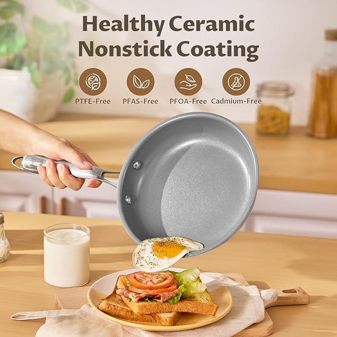 Non Stick Frying Pans Set, Ceramic Frying Pans Nonstick with Lid, Molecular-bonded Induction Base, Induction Cookware PFOA/PTFE Free, 8" 10" 11" Non Stick Skillet Set, Compatible with All Stovetops