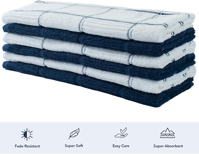 CRAFTSWORTH Kitchen Towels, 15 x 26 Inches, Pack of 6, 400 GSM, 100% Ring Spun Cotton, Navy Combo Windowpane Dish Towels Super Soft and Absorbent, Tea Towels and Bar Towels
