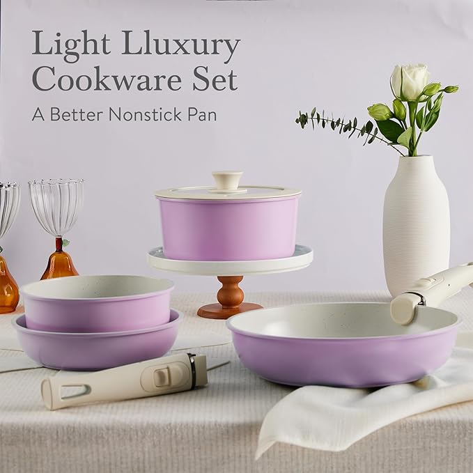 Pots and Pans Set Healthy Non toxic Non Stick Ceramic Cookware Set 21 Pcs Detachable Handles, Oven Safe, Induction Dishwasher, Stackable Frying Pan (PFOS, PFOA Free),Pink