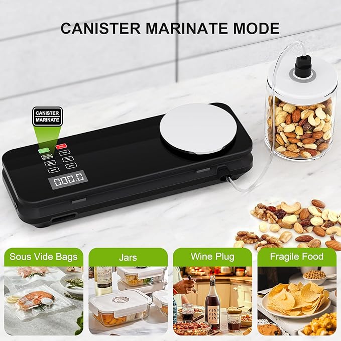 Food Vacuum Sealer Machine, 90KPA with Kitchen Scale, One-Touch Automatic, Multiple Modes, with 10 Sealer Bags and 1 roll, Built-in Cutter, Black