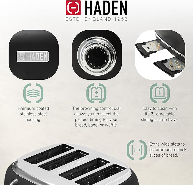 Haden Heritage 4 Slice Wide Slot Stainless Steel Toaster with Adjustable Browning Control & Non-Slip Feet, Black & Chrome