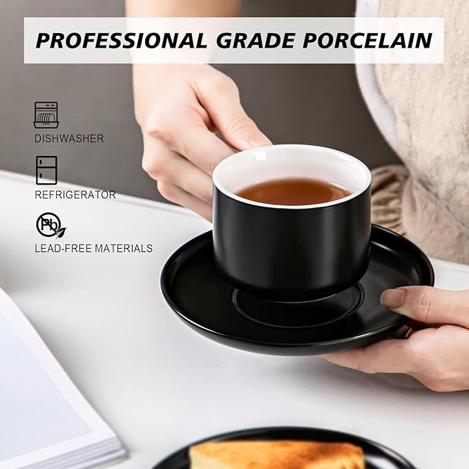Black Tea Cups and Saucers Set of 4 Porcelain Tea Cups 6.76oz for Tea, Espresso, Latte - Porcelain Mugs for Kitchen or Cafe (black)