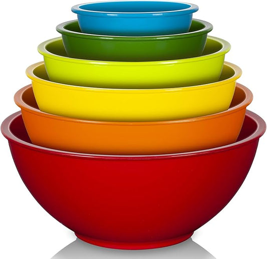 YIHONG 6 Piece Plastic Mixing Bowls Set, Colorful Serving Bowl for Kitchen, Ideal for Baking, Prepping and Cooking,Nesting Design for Space Saving Storage, Rainbow