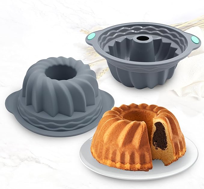 Tongjude 4 Pieces Silicone Fluted Tube Cake Pans, 7 Cups Tube Baking Pan, Jello Mold, Silicone Molds for Homemade Cake, Bread and Jello, Non-Stick, Grey