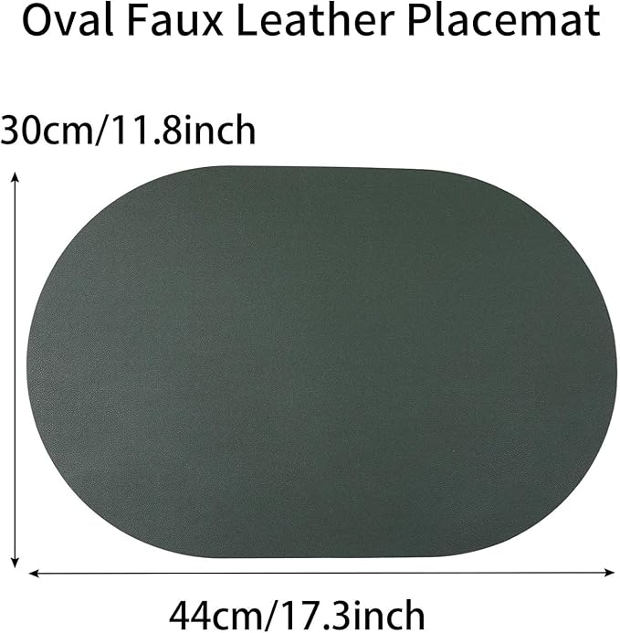 Faux Leather Placemats Set of 6 Oval Reversible Placemat Waterproof Green and Grey PU Table Mats Heat Resistant Anti Slip Wipeable Place Mat for Indoor and Outdoor Dining Table