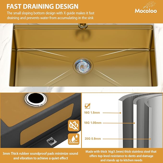 Mocoloo 33 Gold Kitchen Sink - 33 x 19 Inch Undermount Kitchen Sinks Ledge Workstation Gold Sink Single Bowl 16 Gauge Stainless Steel Under Counter Modern Sinks
