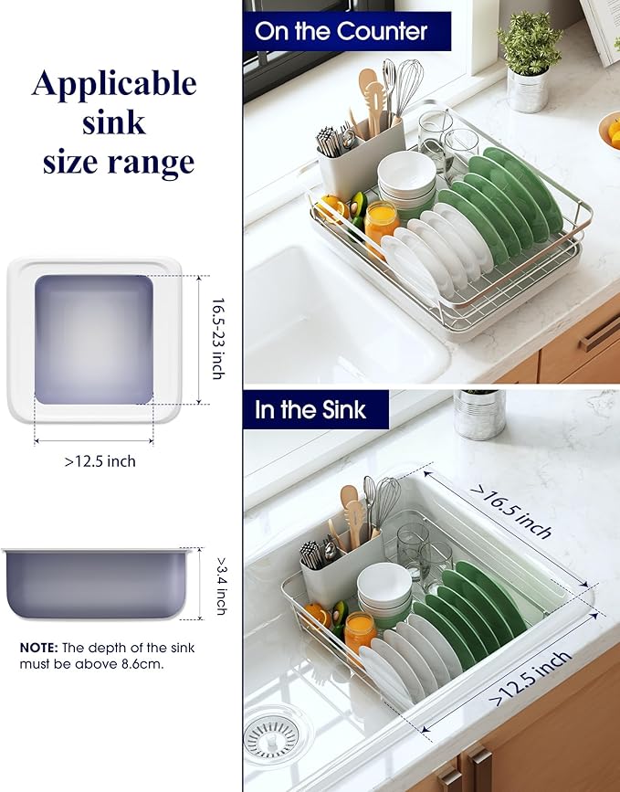 Kitsure Dish Drying Rack for Kitchen Counter, Stainless Steel Sink Organization and Storage Essentials with Cutlery Holder, Home and Appartment Decor, 12''W x 15.5''L, Silver