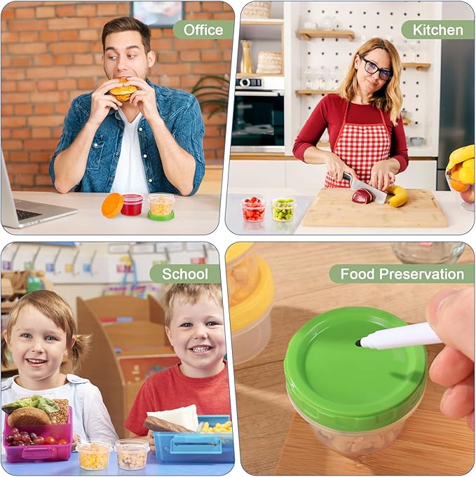 4 oz Small Plastic Containers with Lids, 24 Pack Stackable Small Freezer Container, Reusable 1/2 Cup Food Containers for Snack Puree Fruit, with Pen and Brush, Microwave & Dishwasher Safe