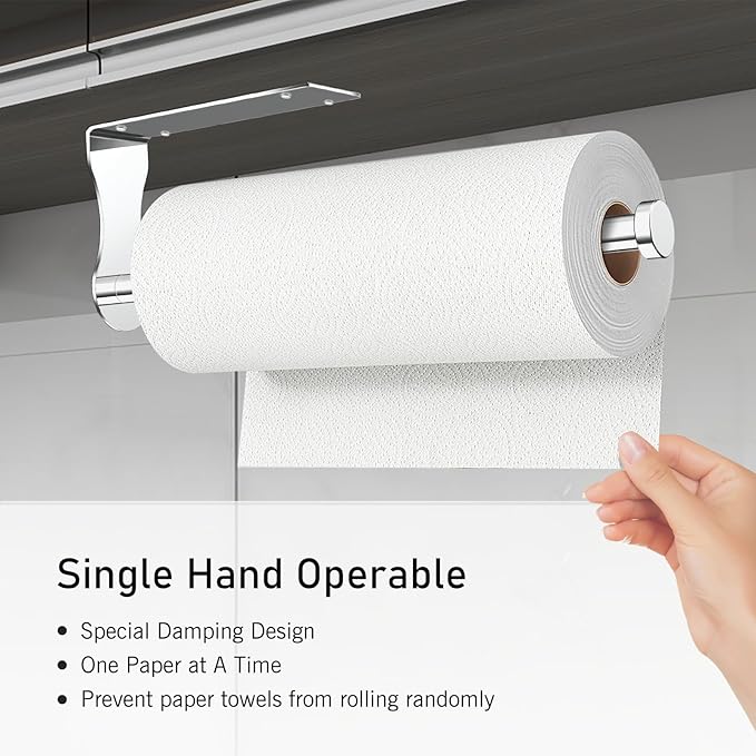 SetSail Paper Towel Holder, Single Hand Operable Paper Towel Holder Under Cabinet with Adjustable Damper Easy Tear Wall Mount Self-Adhesive or Drilled for Kitchen Bathroom, Mirror Silver