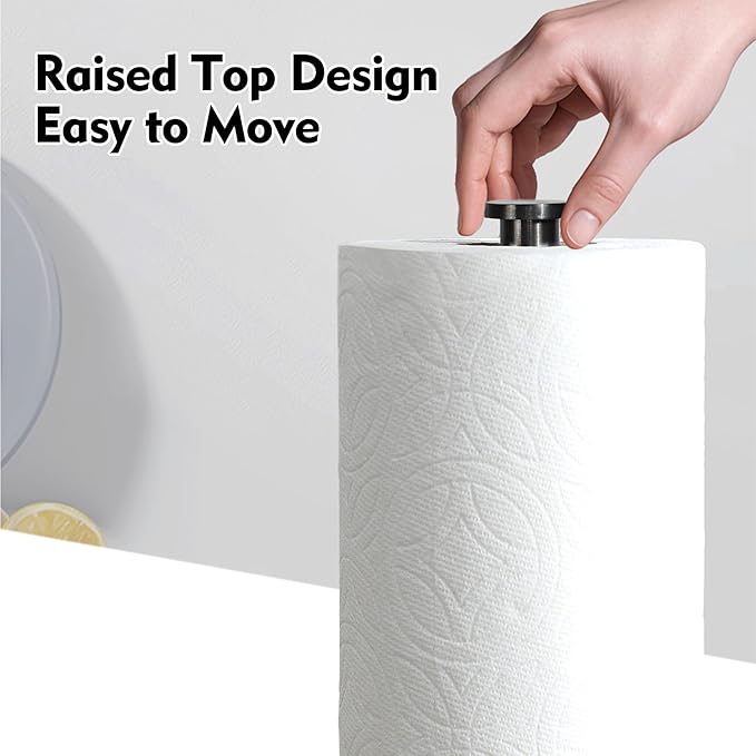 YIGII Heavy Marble Base Paper Towel Holder – Countertop Paper Roll Holder for Kitchen or Bathroom, Non-Slip Weighted Design, Fits Standard Paper Towels, White Marble & Gunmetal Black