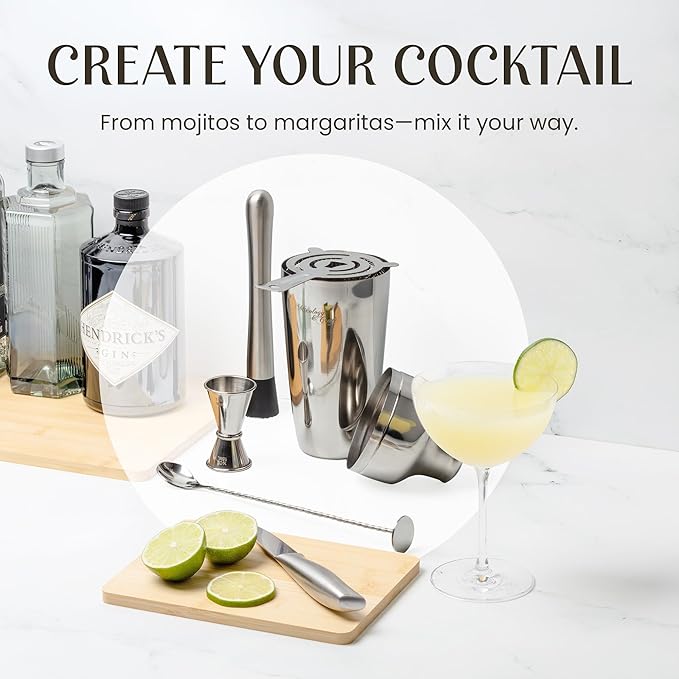 Mixology & Craft Bartender Kit: 10-Piece Cocktail Shaker Set with Dark Bamboo Stand | Complete at Home Bar Set with Bar Accessories | Great Housewarming Gift | Leak-Proof Design (Silver)