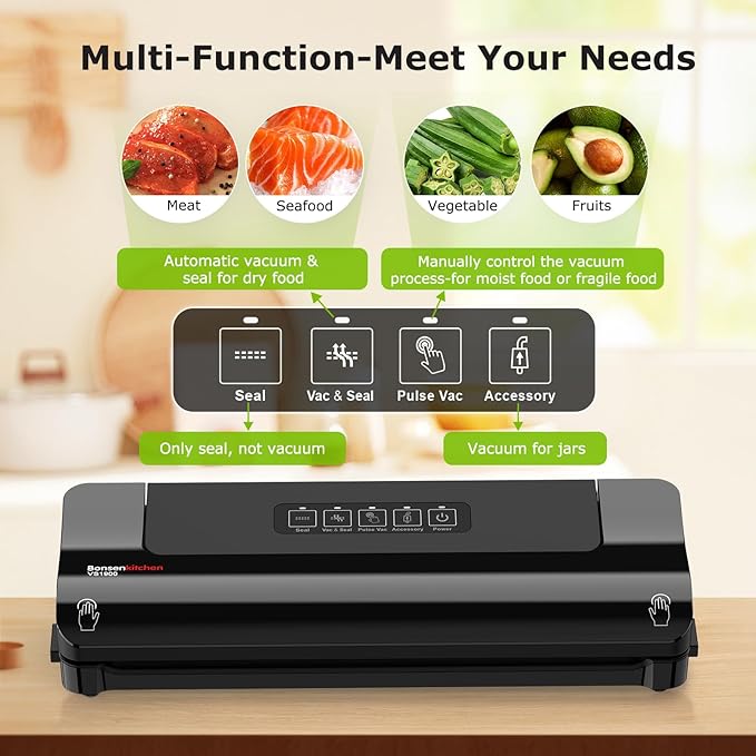 Bonsenkitchen Vacuum Sealer Machine Multi-Functional Food Sealer with 10 Vacuum Bags, Fast-Compact Design, External Vacuum System & Accessory Tube for Freshness Preservation,Black