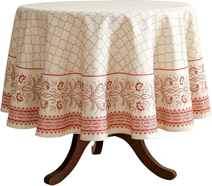 French Tablecloth for Round Tables,Floral Linen Table Cloth with Flaxen and Red Undertones,Heavy Durable Table Cover for Dining Thanksgiving Kitchen Decor Party Christmas,Diameter 55"