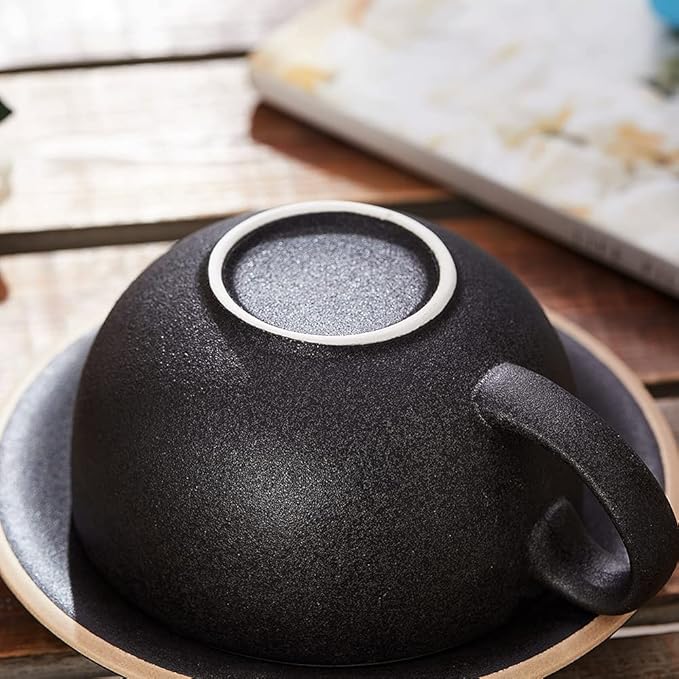 Vintage Design 12 oz Ceramic Latte Art Cappuccino Barista Cup with Saucer (Rough Black)