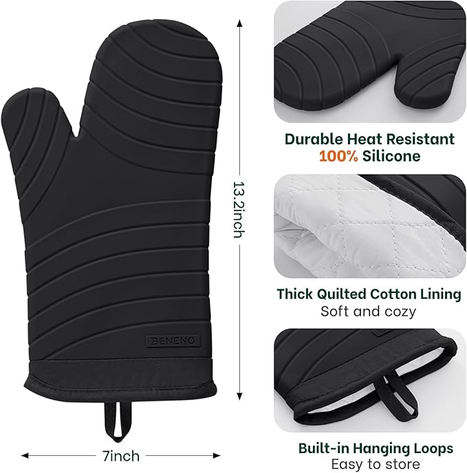 Beneno Premium Silicone Oven Mitts 2-Pack Heat Resistant 500°F, Soft Flexible Non-Slip Grips, BPA-Free & Waterproof Oven Mitts with Comfort Cotton Lining for Baking, Grilling, Cooking, 7"x13", Black