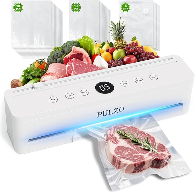 PULZO True-Auto Vacuum Sealer Machine, 85KPa Vacuum Sealer for Food with Digital Countdown, LED Smart Touch, External Sliding Blade, Dry/Moist Mode, Removable Drip tray, Complete Starter Kits