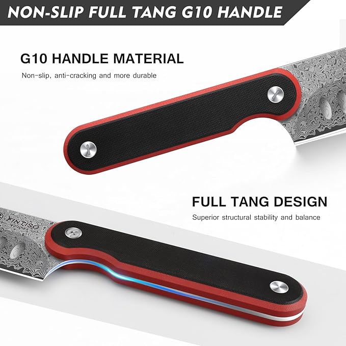 FINTISO Chef Knife 7 Inch Kitchen Knife, Sharp Santoku Knife 67-Layer Damascus Steel with 10Cr15CoMoV Steel Core, Professional Cooking Knife with Ergonomic Full Tang G10 Handle for Chopping Slicing