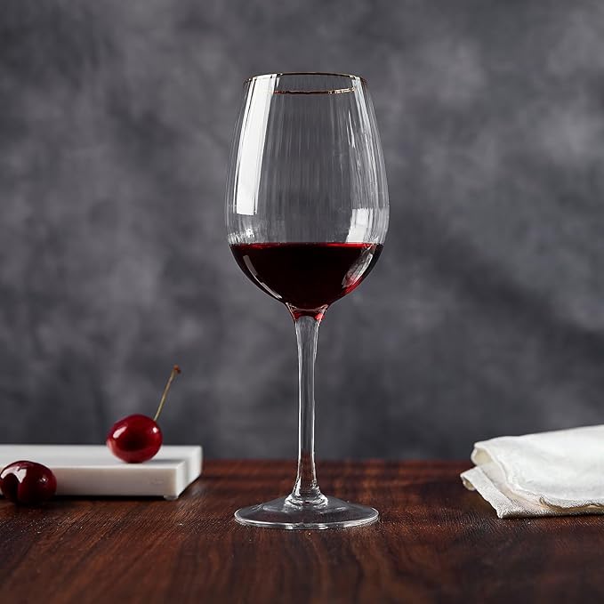 Premium Cheerfull Wine Glasses, 14.2 oz Hand-Blown Glasses with Gold Rim, Fluted Design, Elegant Gift Packaging, Perfect for Special Occasions (4)