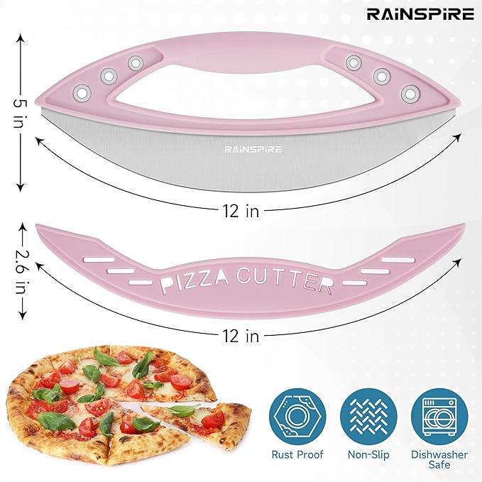 Rainspire 12" Pizza Cutter Rocker Blade Stainless Steel Pizza Rocker with Cover Sharp Blade Pizza Knife Dishwasher Safe Kitchen Gadgets Home Essentials, Pink