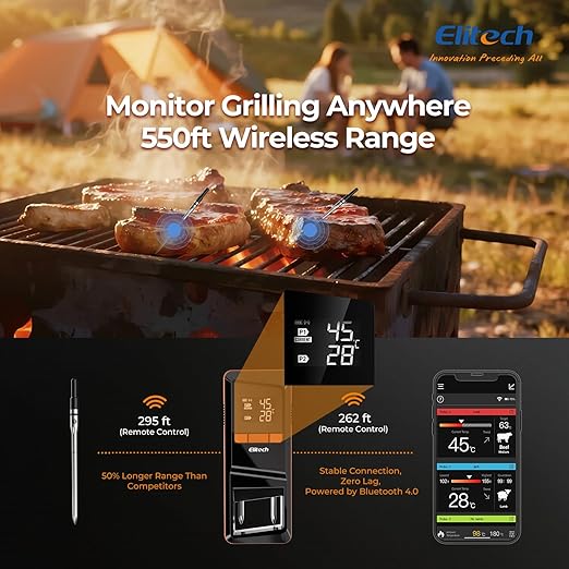 Elitech Digital BBQ Thermometer, Bluetooth Wireless Meat Thermometer for Grilling and Smoking, 2 Probes for Grill, Oven, Smoker, Rotisserie, WMT-20