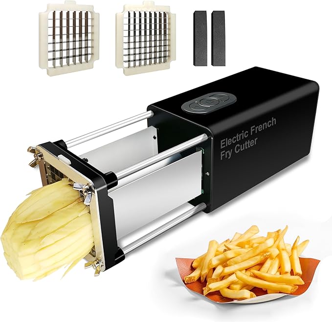 Electric French Fry Cutter, Commercial Automatic French Fry Cutter, Stainless Steel Potato Cutter with 1/2-Inch & 3/8-Inch Blade, Electric Potato Cut Machine for Restaurants & Home Kitchen