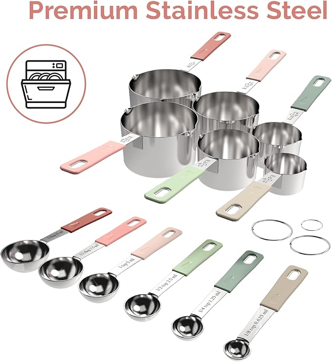 22-Piece Stainless Steel Measuring Cups and Spoons Set, Tad Dash Pinch Smidgen Drop Mini Measuring Spoons, Measuring Stick Leveler, Measurement Conversion Chart Fridge Magnet, (Country Chic)